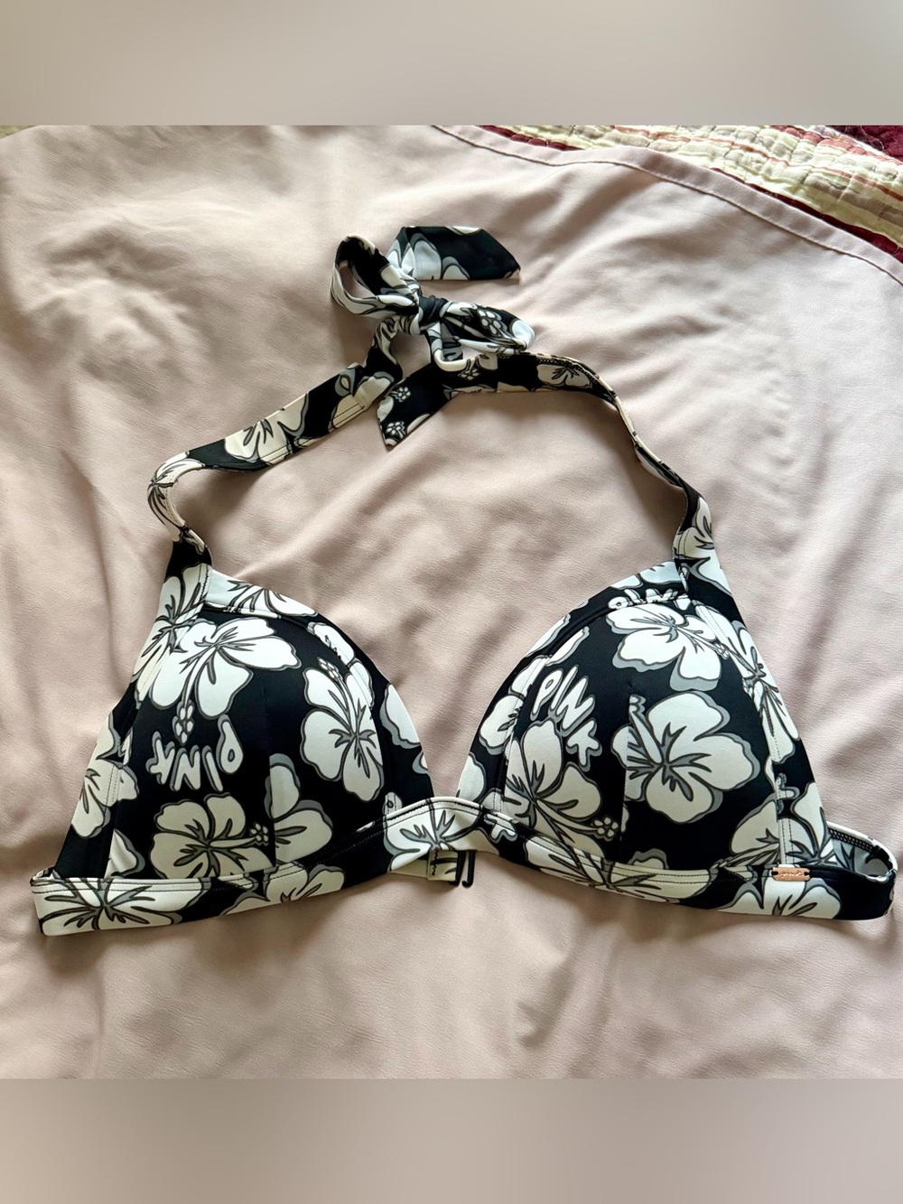 Pink Padded Halter Bikini Top in Black & White Floral